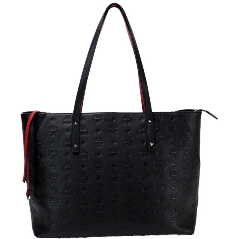 MCM Klara Top Zip Shopper Black and Red Embossed Tote